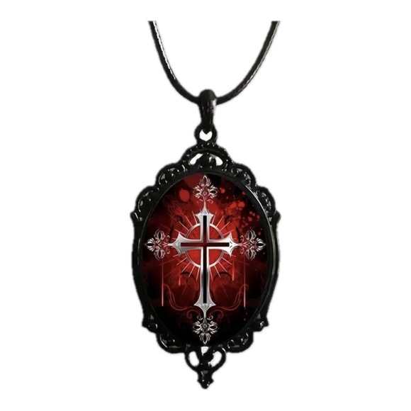 Gothic Vintage Style Vampire Cross Necklace Glass Pendant Rope Chain Choker Acce - Picture 13 of 14